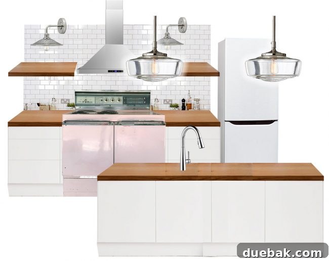 Kitchen mock-up displaying white subway tile backsplash, wood counters, and open shelving