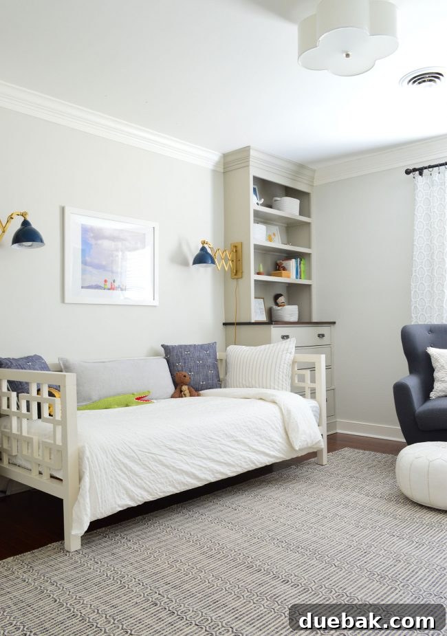 boy's bedroom with striped sheets