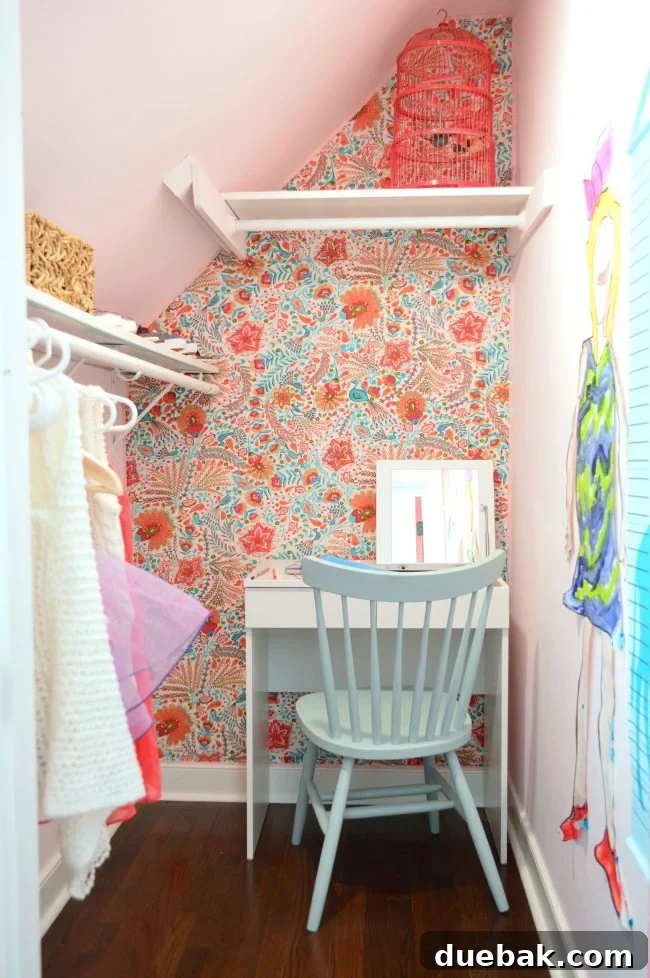 girls bedroom closet writing desk fabric wallpaper