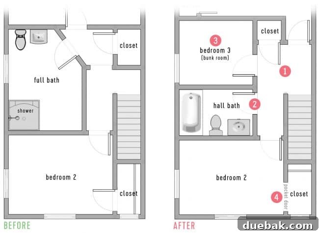 Redefining Duplex Spaces 11 Side-by-side floor plans comparing before and after upstairs front bedroom and hall bath