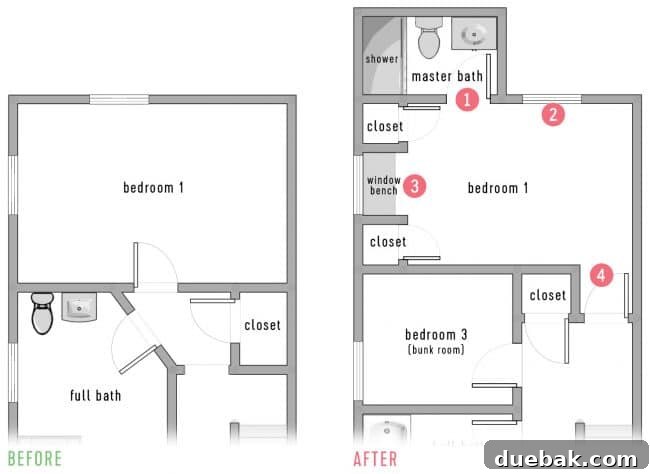 Redefining Duplex Spaces 13 Side-by-side floor plans comparing before and after upstairs back bedroom and attached bath