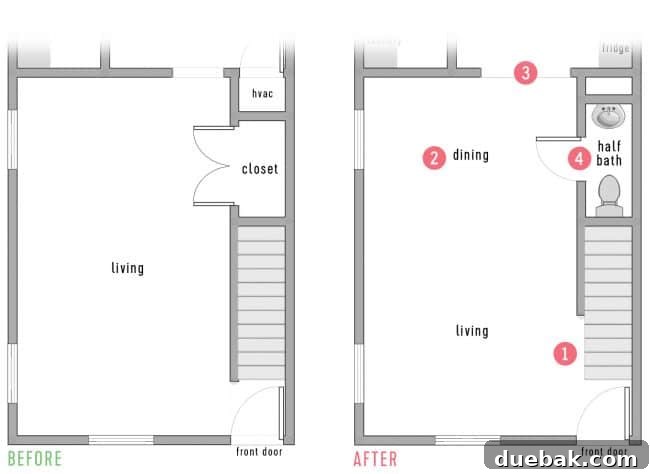 Redefining Duplex Spaces 7 Side-by-side floor plans comparing before and after downstairs living areas