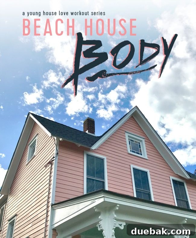 A couple smiling and posing, ready for a workout, with a title 'Beach House Body' above them.