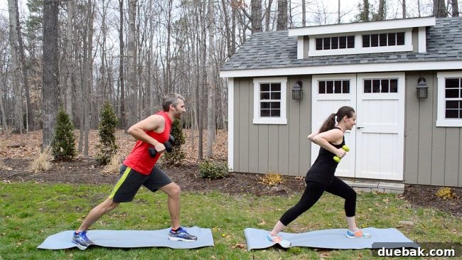 A couple demonstrating a fun, energetic workout pose outdoors.
