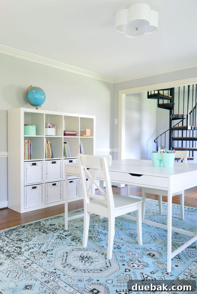Home Staging Tips: Sell Your House or Simplify Your Life 7 homework room cleaned for staging to sell with items removed from walls and surfaces, highlighting a spiral staircase