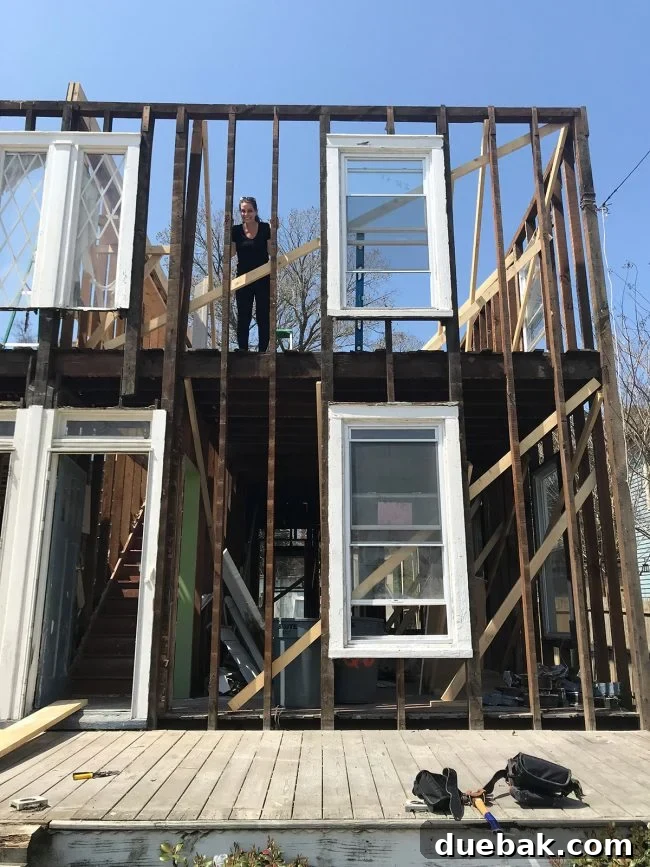 Duplex exterior after initial demolition, revealing its skeleton structure