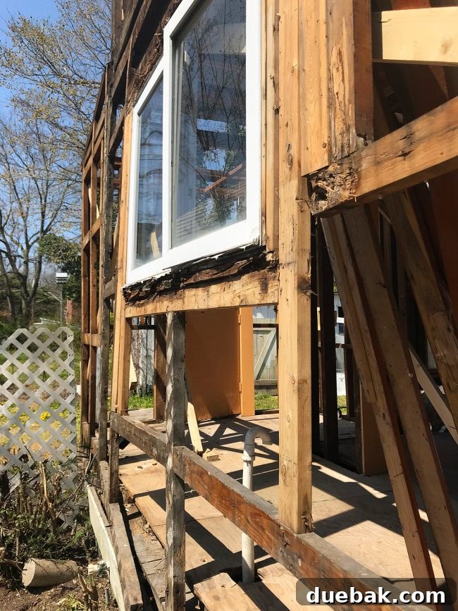 Back of the duplex showing exposed framing, including incorrectly placed studs