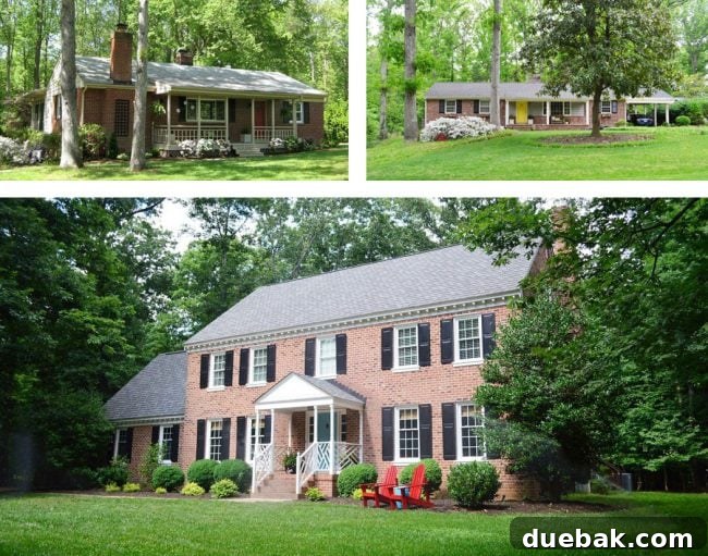Collage of three Young House Love homes: first house, second house with large addition, and current house