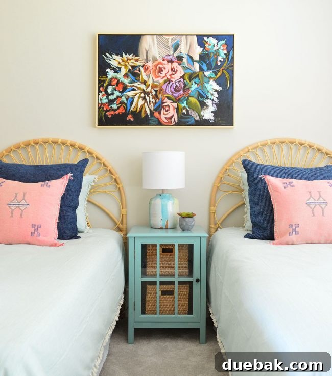 S's bedroom with two rattan headboards, creating a relaxed California vibe