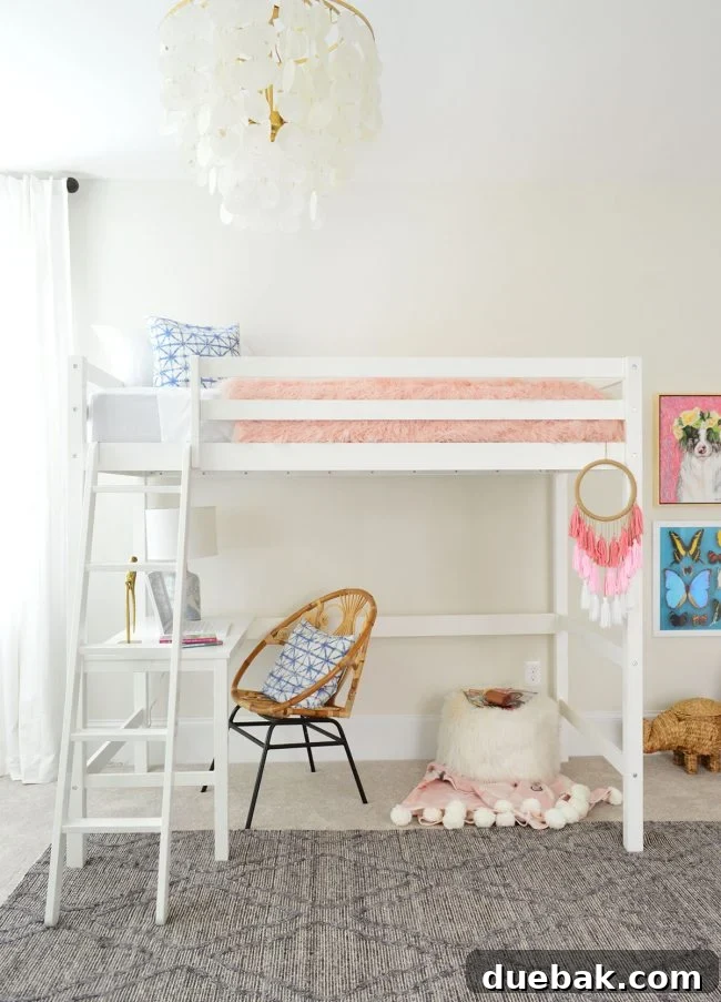 A's colorful and whimsical bedroom featuring a loft bed, desk, and animal-themed decor