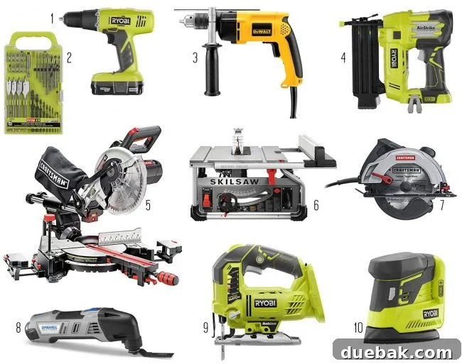 A collection of powerful corded and cordless electric tools on a workbench.