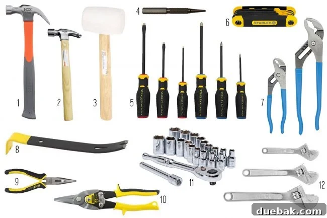 An assortment of essential hand tools, including hammers, pliers, and wrenches.