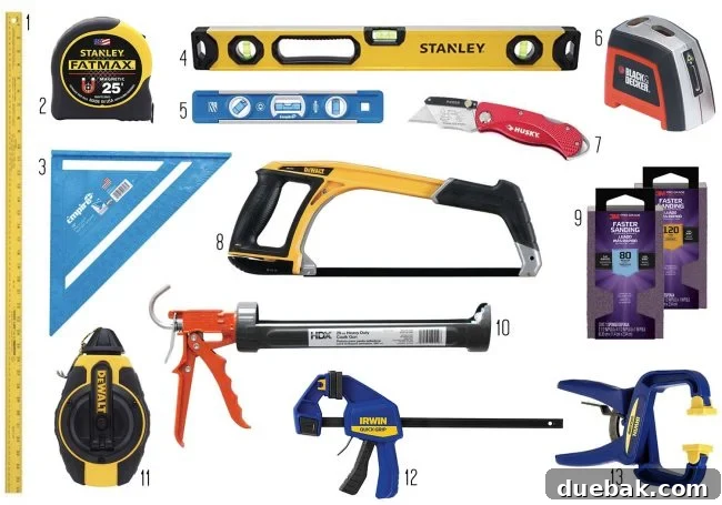 A selection of measuring, marking, and leveling tools, including a tape measure and various levels.