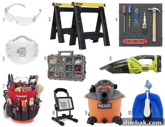 A neatly organized workshop corner with various storage solutions, safety gear, and cleaning tools.