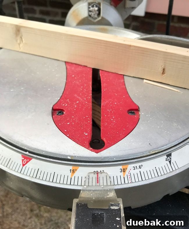 Cutting 1x2 whitewood pieces at 22.5-degree angles for the border