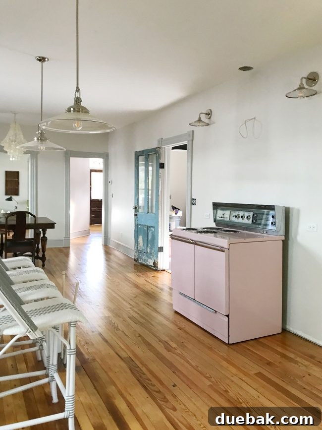 A closer look at the vintage pink stove in its updated setting