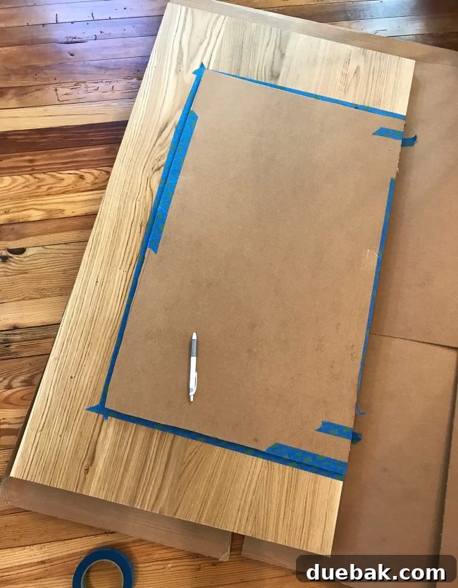 Seamless Malm Dresser Integration 10 Cardboard template precisely cut and placed on a butcher block counter before final cutting for the dresser top