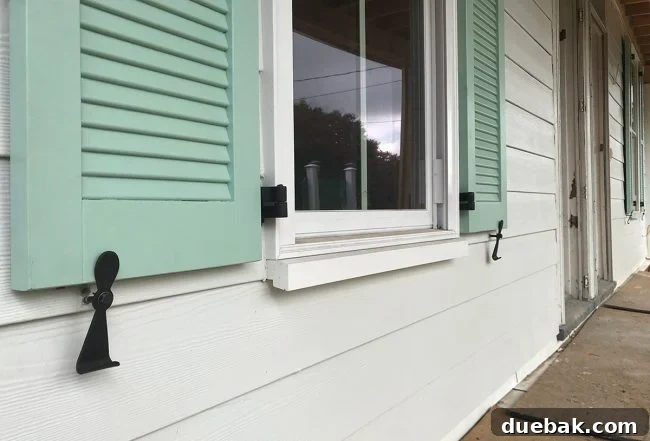 Close-up of newly installed shutter with chosen hardware, including hinges and decorative shutter dogs.