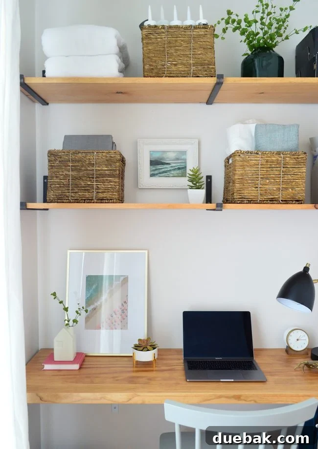 Decorated DIY desk and shelves with storage baskets and decor