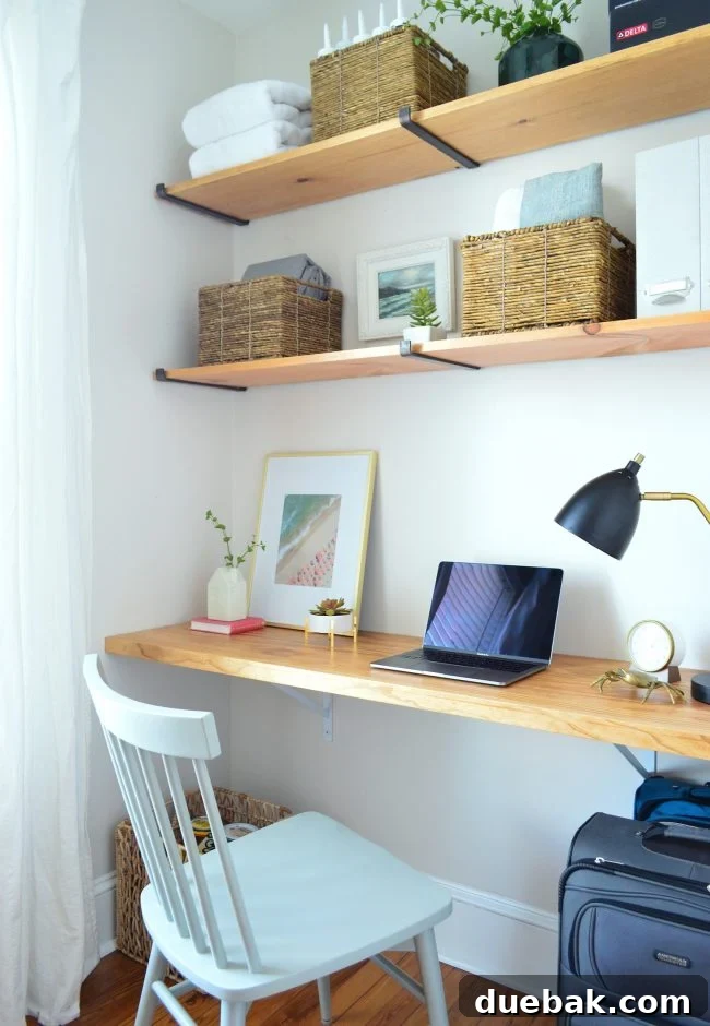 Materials and tools laid out for DIY desk and shelves project