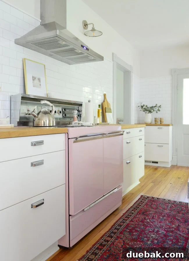 Vintage pink stove in a kitchen setting
