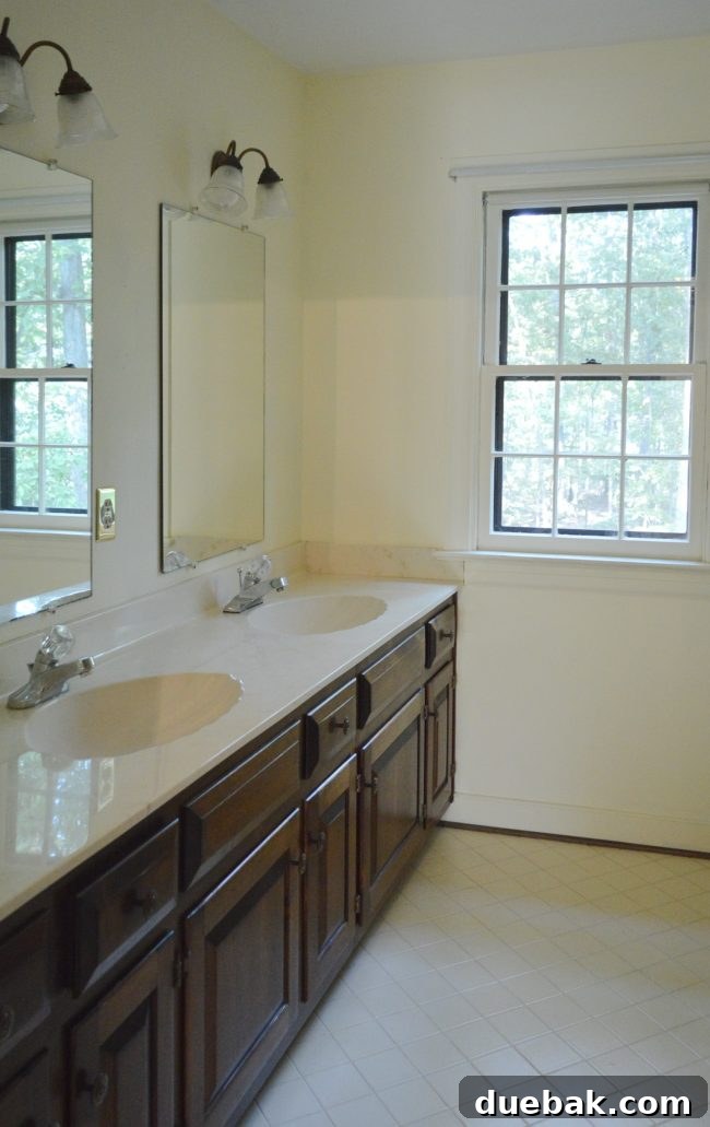 Our Bathroom Disaster 10 Before photo of a kids' hall bathroom, showing a basic and outdated appearance.
