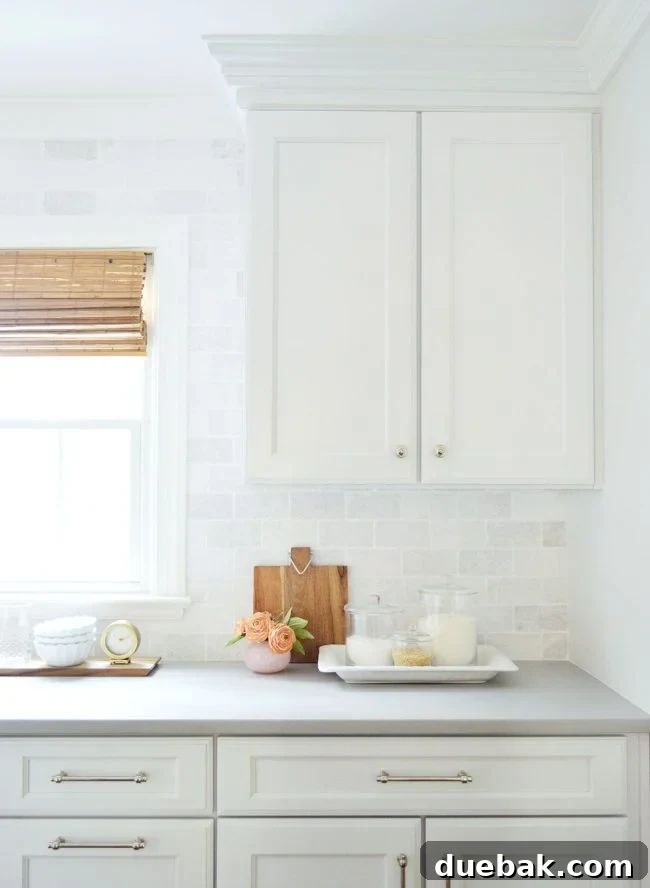 A kitchen counter before decluttering, showcasing numerous decorative items and infrequently used canisters.