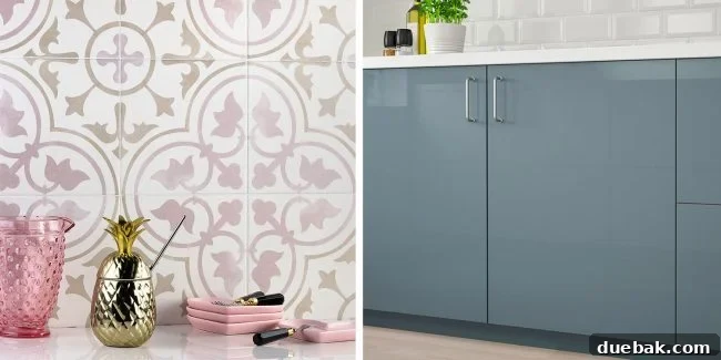 IKEA Kallarp glossy blue-gray kitchen cabinets with a pink and gray patterned tile backsplash, showcasing a modern colorful kitchen concept.