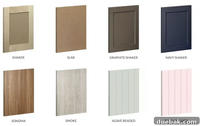 Examples of various Semihandmade cabinet door styles, including unfinished wood and colorful beaded options, for IKEA cabinet customization.