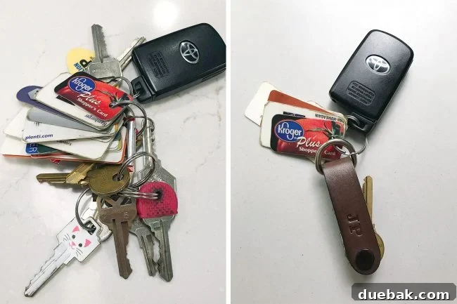 Before and after comparison of a bulky key ring versus a streamlined leather key organizer, showcasing minimalist organization.