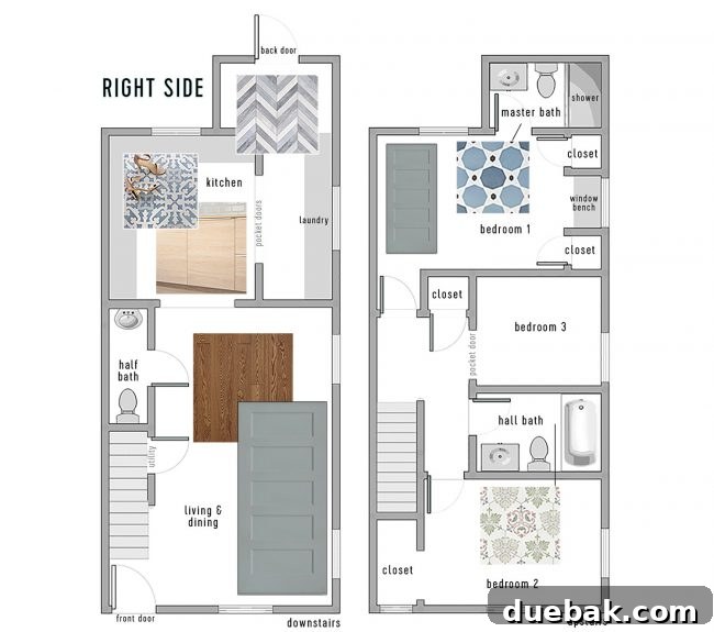 Floor plan visualization showing selected finishes and materials integrated into the design for the other side of the duplex, mirroring the first.