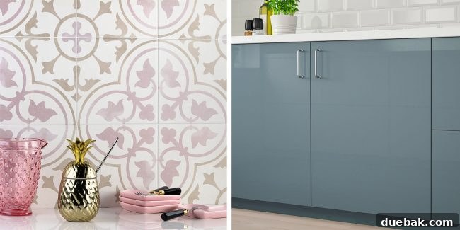 Kitchen rendering showing gray-turquoise flat-front cabinets paired with pink patterned backsplash tile.