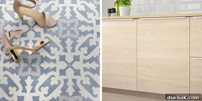 Kitchen rendering showing beachy wood flat-front cabinets paired with blue patterned backsplash tile.