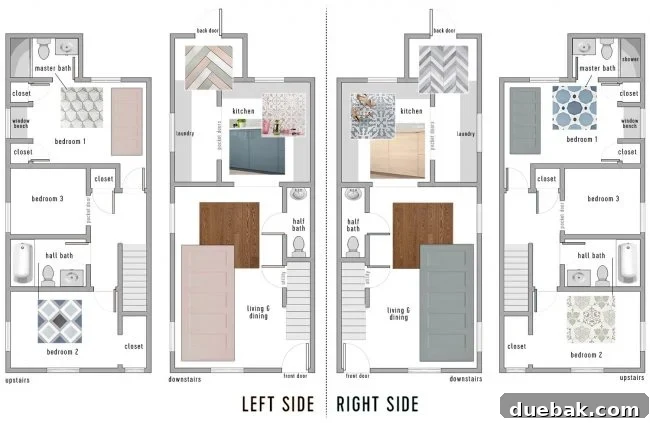 A visual mood board showcasing various design elements for the duplex project, including tile, paint, and cabinet samples.