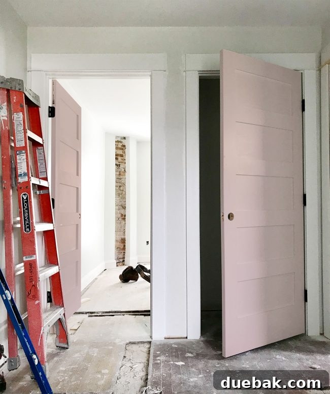 Digitally enhanced image showing an interior door painted in Sherwin Williams White Truffle against a light gray wall.