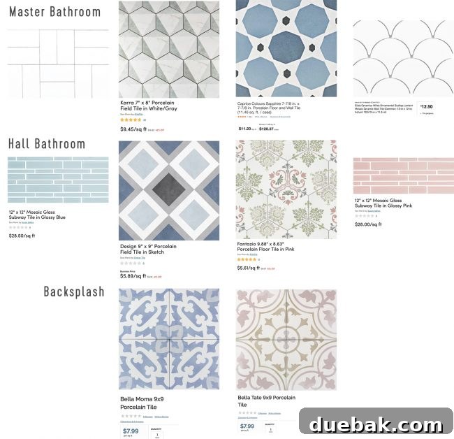 A digital mood board in Photoshop showing various tile options being compared and contrasted.