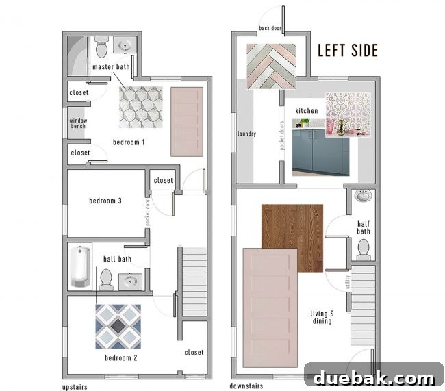 Floor plan visualization showing selected finishes and materials integrated into the design for one side of the duplex.