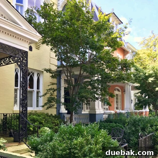A vibrant row of residential buildings in a historic district, showcasing diverse architectural styles and colorful painted brick exteriors.