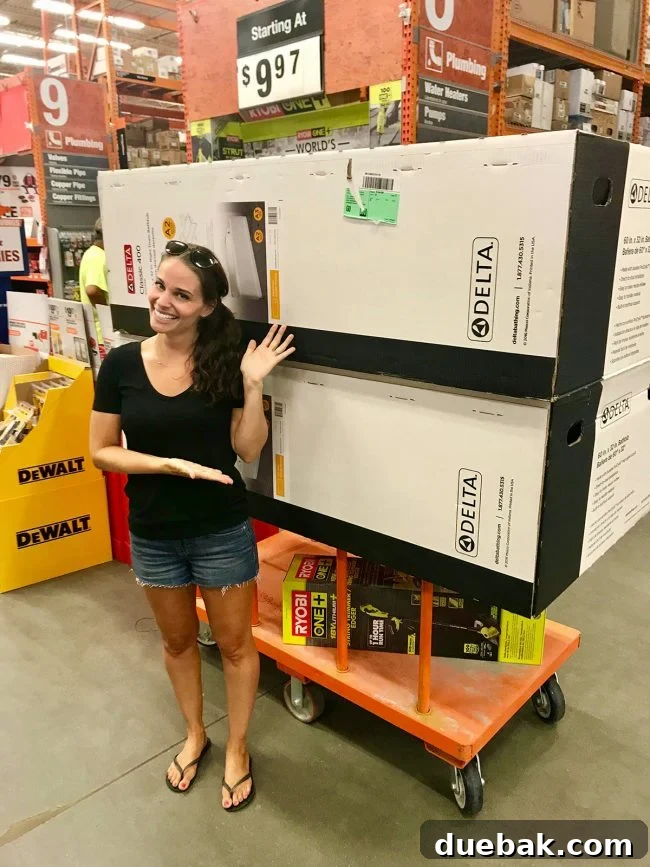 Sherry at a store, pushing a cart with a new trimmer and several tubs, illustrating a multi-purpose shopping trip.