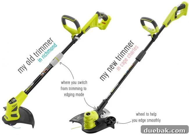Close-up of a new trimmer/edger, highlighting the foot pedal feature for easy mode switching.