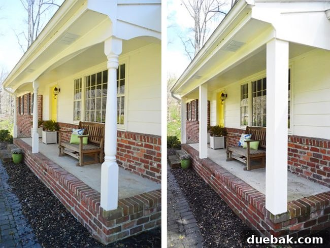 The chunked-out front porch columns of a previous home, illustrating a prior exterior renovation project.