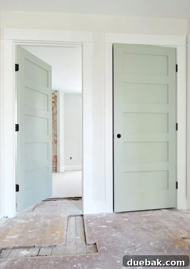 Upstairs bedroom door painted in Sherwin Williams Oyster Bay