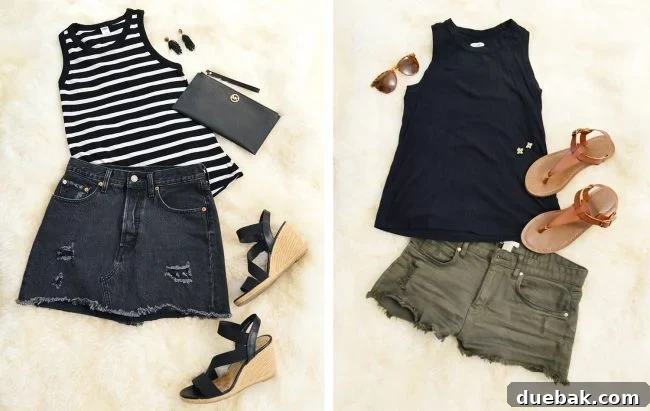 Examples of versatile clothing combinations from a minimalist wardrobe.