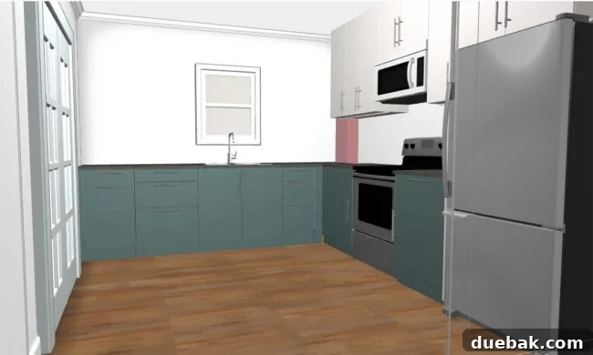 The Great Microwave War 4 Original duplex kitchen layout rendering from IKEA planner, showing upper cabinets and an over-the-range microwave covering much of the brick chimney.