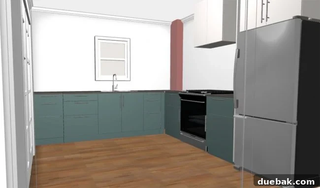 The Great Microwave War 5 Revised duplex kitchen layout rendering, demonstrating the removal of upper cabinets and addition of a range hood, revealing more of the brick chimney.