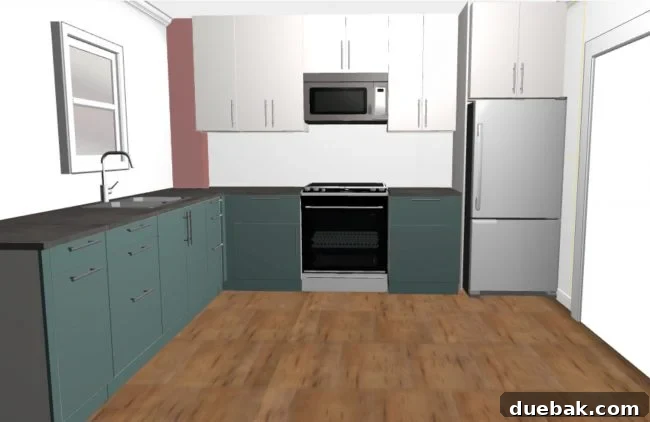 The Great Microwave War 6 Original duplex kitchen layout from the mudroom perspective, showing extensive upper cabinetry and partially obscured brick chimney.