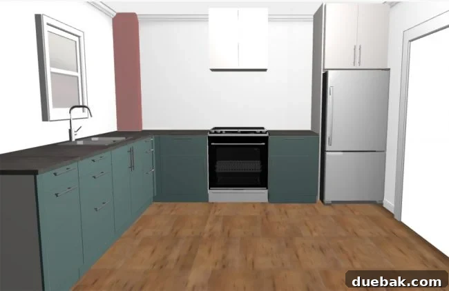 The Great Microwave War 7 Revised duplex kitchen layout from the mudroom, showcasing an open concept with exposed brick chimney and potential for floating shelves.