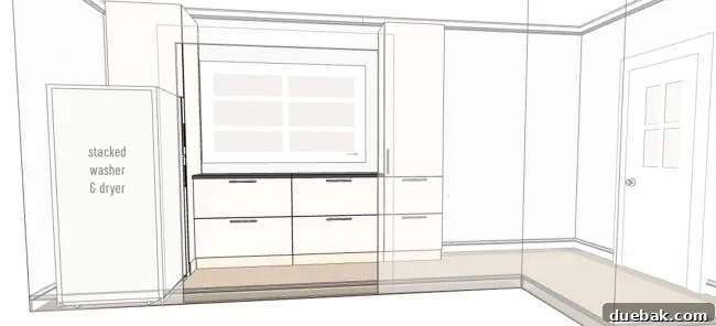 The Great Microwave War 8 Rendering of the adjacent mudroom, featuring new cabinets designed for pantry storage, connecting seamlessly to the duplex kitchen.
