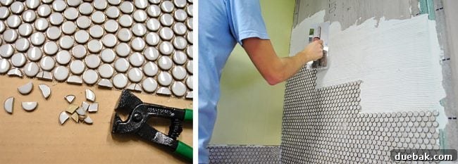 Design Choices Solely for Blog Content 8 A kitchen backsplash covered with small, circular penny tiles, creating a detailed and stylish surface.