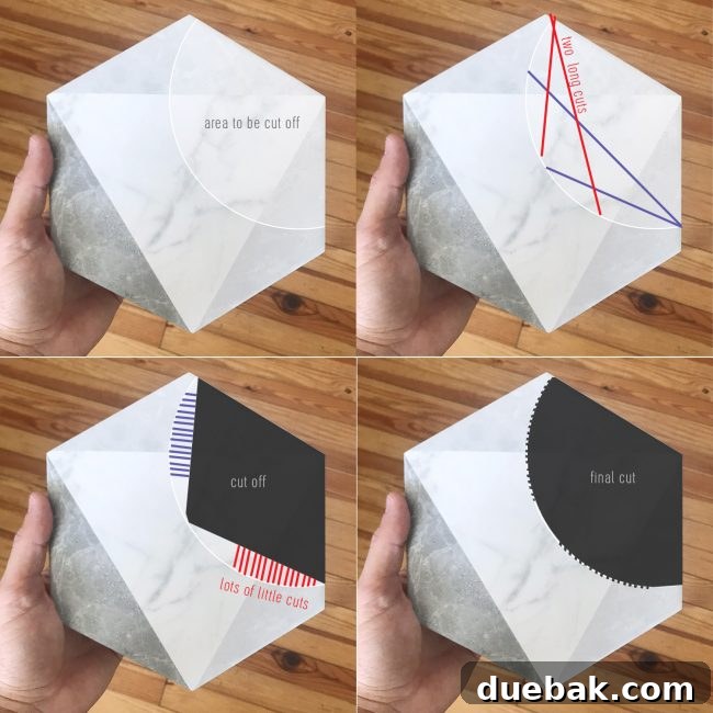 Illustrated guide on how to cut a round hole in a tile using a wet saw for a toilet flange.